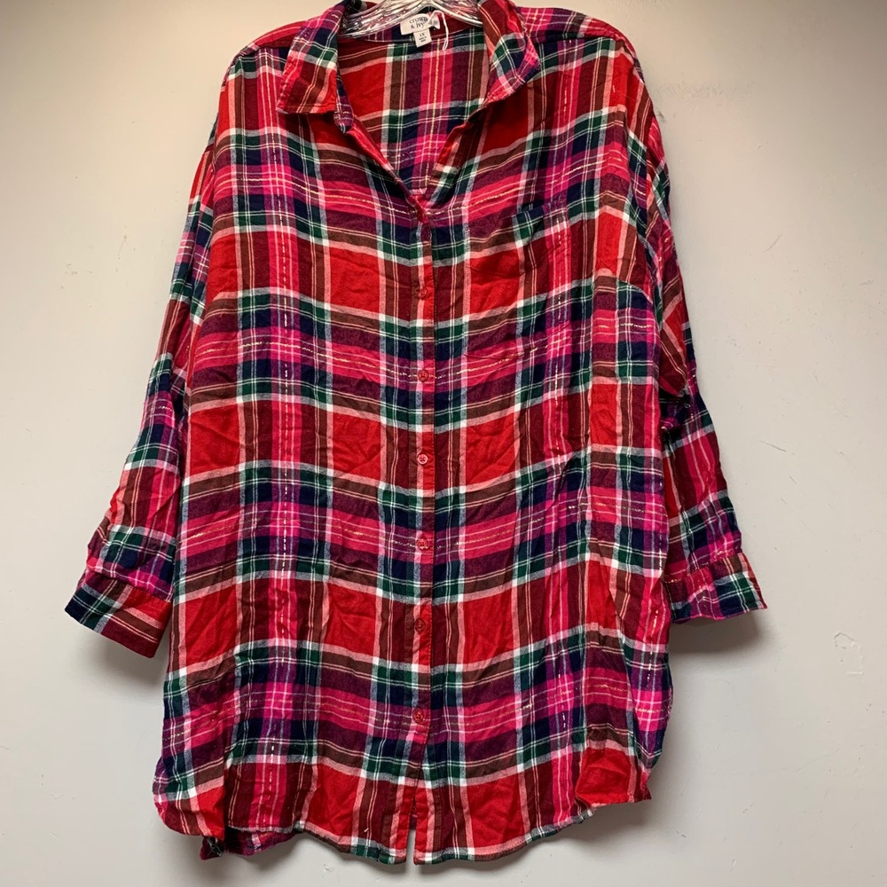 Crown & Ivy Plaid Shirt Women 1X Red Multi Excellent Metallic Button Down Long